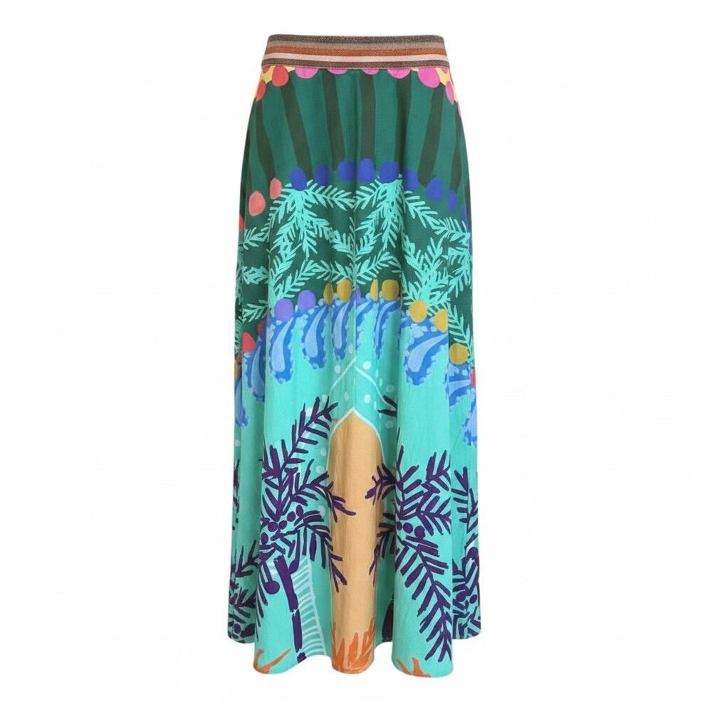 Oliphant M Colorful Tropical Print Maxi Skirt Elastic Waist Boho